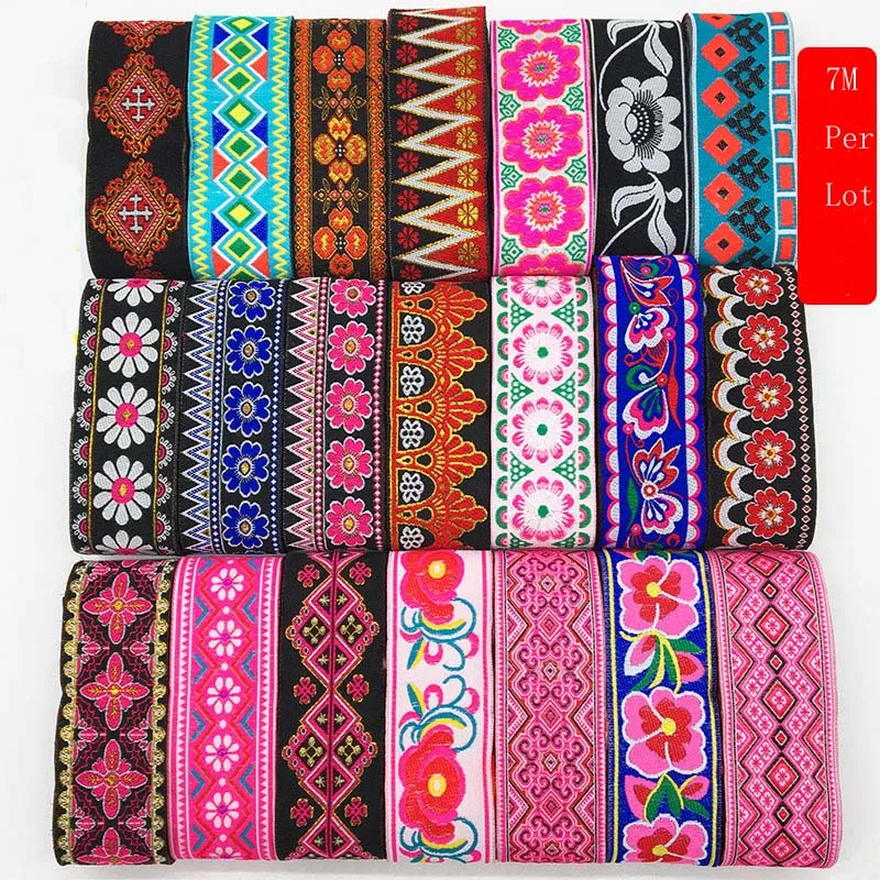 

7M/Lot Embroidery National Ribbon Width 5CM Woven Jacquard Lace Trim Fabric DIY Handmade Sewing Accessories HB191