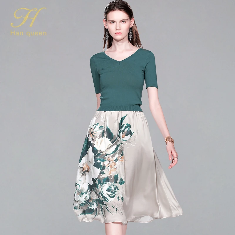 

H Han Queen V-neck Short Sleeve Knitting Blouses And Printed Floral Flower A-line Skirt Women 2019 Summer OL 2 Pieces Casual Set
