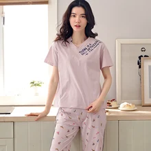 Летние пижамы женские пижамы устанавливает v-образным вырезом с коротким рукавом Чистый Топы+ с рисунками героев мультфильма длинные штаны Пижамный костюм bodycon женский Домашняя одежда