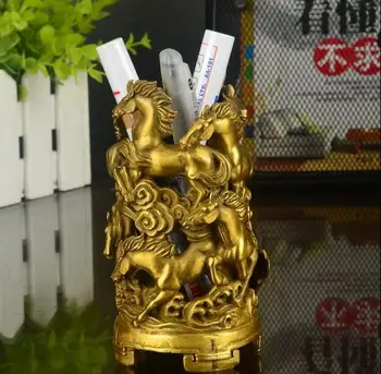 

China Art Palace Brass Copper Run Horse Pen Case Container Pencil Vase Brush Pot
