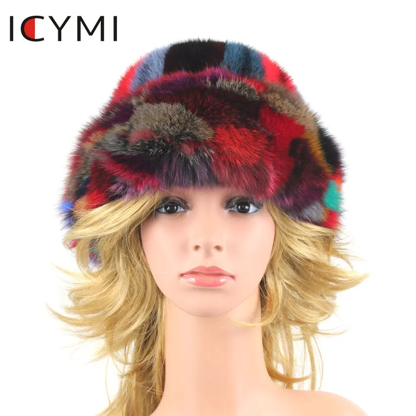 ICYMI Genuine Mink Fur Beanies Hats Russian Fluffy Real Fox Fur Bucket Hat Elegant Beanies Women