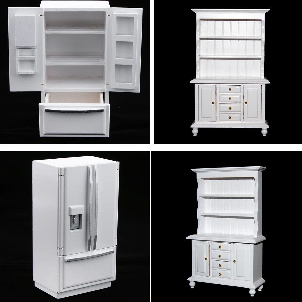 1/12 Dollhouse Miniature Wood Fridge & Cabinet Shelf Cabinet Model Kitchen Furniture Decoration White