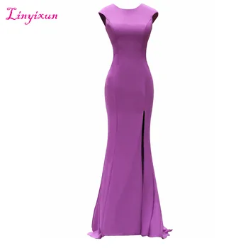 

Linyixun Real Photo New Simple Satin Evening Dresses 2017 Cheap Scoop Long Vestido de festa Backless Prom Gown Robe de soiree