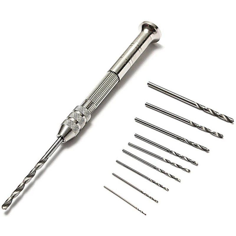 

Professional Hand Drill With 10 PCS Steel Twist Drill Bit Sets Jewelers Sliding Drilling Spiral Tool 0.8-3mm For Model Machining