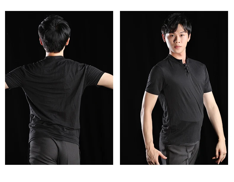 Взрослые мужские костюмы для латинских танцев черные топы с короткими рукавами Пряжка платья Ципао Самба Бальный Танец Румба одежда для выступлений DQS1856