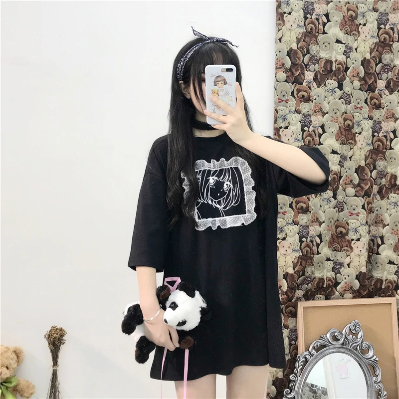 

Japanese Lolita Lace Up Short Dress Women Black Dress Cute Devil Print Harajuku Gothic Kawaii Ruffle T Shirt Dress Soft Sister