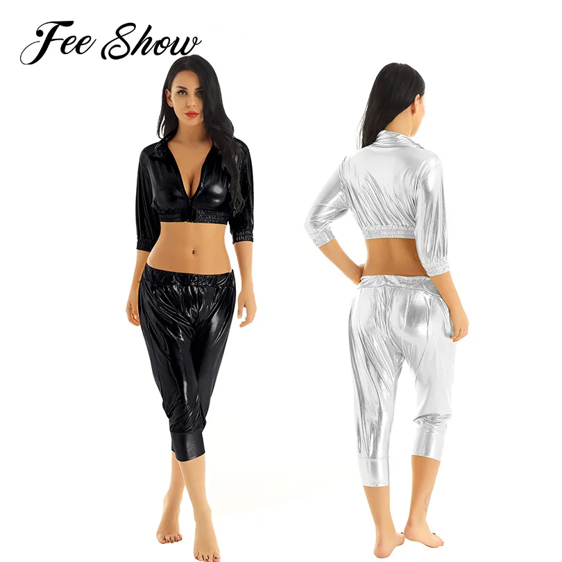 

Women Shiny Metallic Jazz Dance Costume Suits Streetwear Turn-down Collar Half Sleeves Hip Hop Dancewear Stage Dance Performance