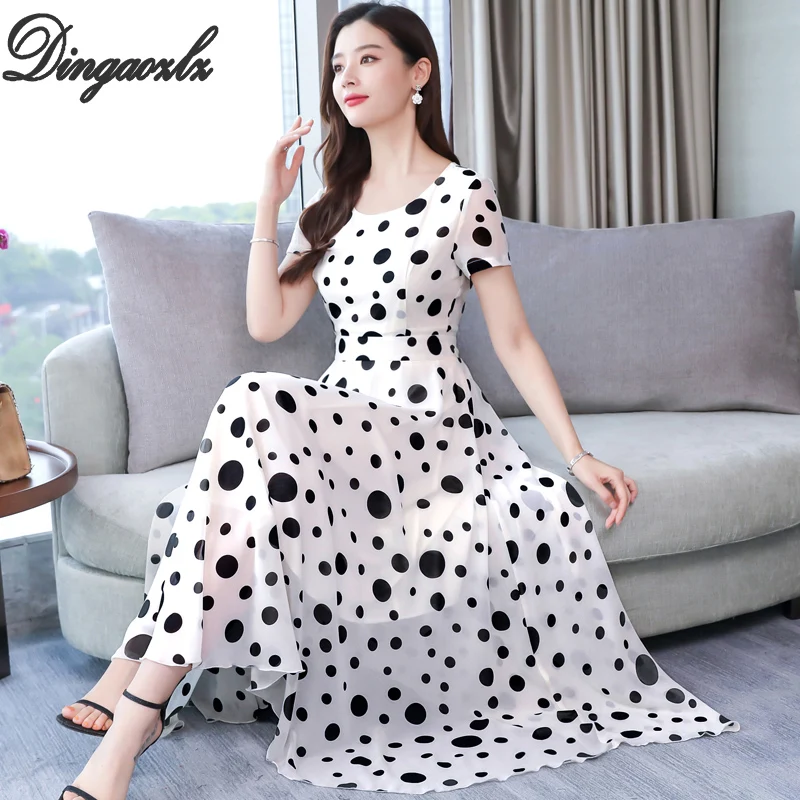 

Dingaozlz Elegant Chiffon Dresses 2019 Vestidos New Women Party Dresses Korea Fashion Polka dot Summer Long dress 3XL