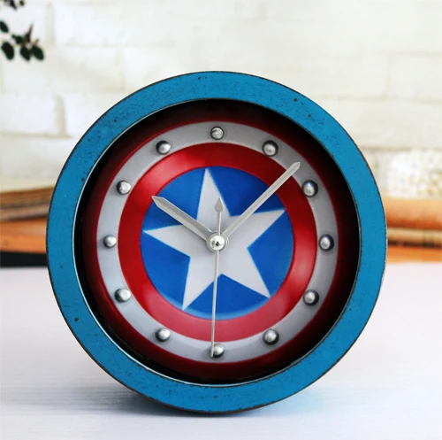 

wooden Board vintage alarm clock Captain America 3D shield table clock activated Battery