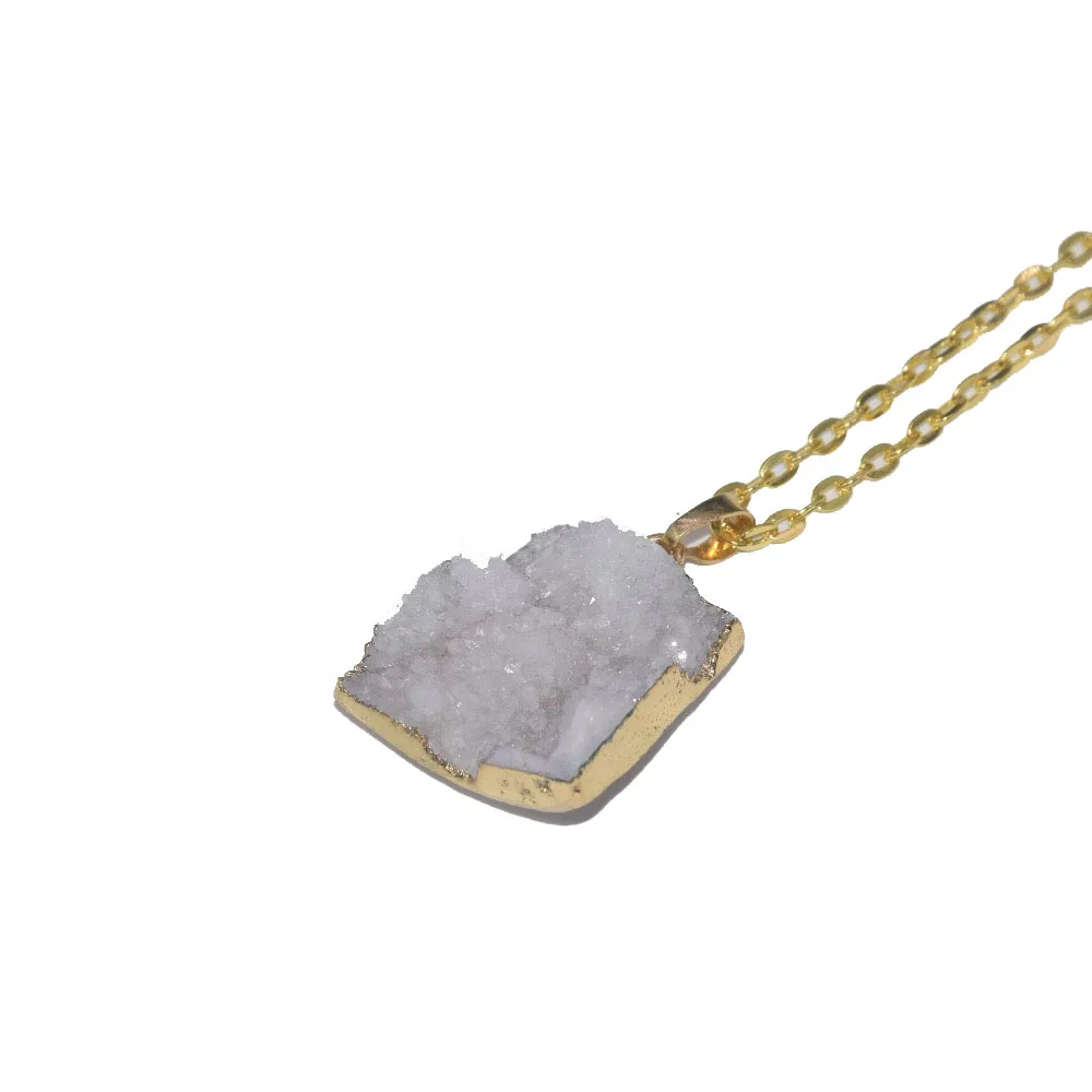 

Free Shipping Fashion Jewelry Big Natural Raw white geode druzy pendant necklace 2019 long gold point stone chain necklace women