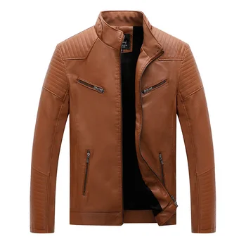 

Winter Fashion Men Jacket Stand Collar Velvet Warm Cargo Coats Multi Pockets Spliced Designer Motor Biker PU Leather Jackets Men
