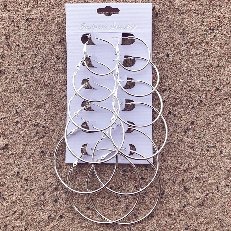 

6Pairs/Set Hoop Earrings Big Smooth Circle Earrings Basketball Brincos Gold Silver Round Earrings hoops For Women Jewelry