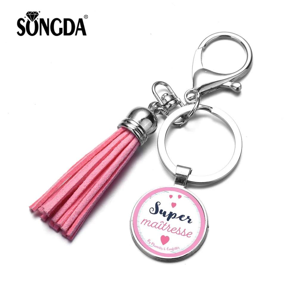 

SONGDA High Quality Super Maitresse Keychain Holder Fashion Letter Creative Pictures Silver Glass Tassel Key Chain Teachers Gift
