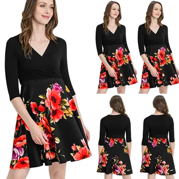 

Pregnancy Fashion Dress Women Maternity Half Sleeve Floral Print Patchwork V-Neck Dresses Photography Props Premama Plus Size