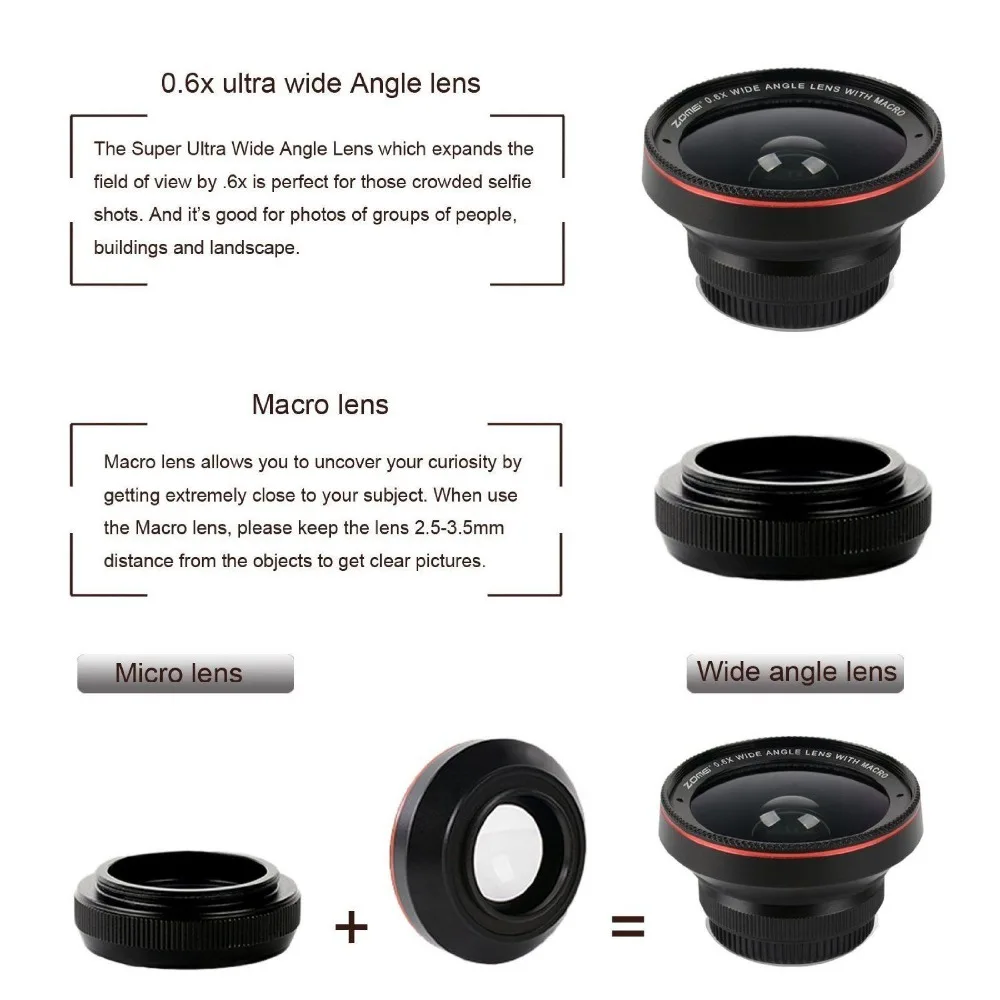 ZOMEI клип 0.6X широкоугольный и макро 2в1 объектив камеры фильтр для iPhone samsung