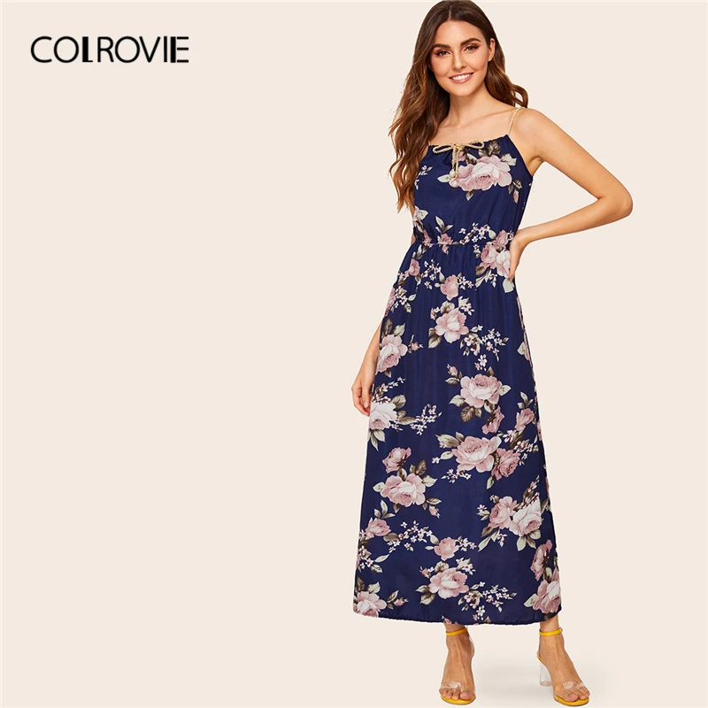 

COLROVIE All Over Florals Faux Pearl Knot Floral Print Beach Long Dress Women 2019 Summer Sleeveless Pleated Casual Dresses