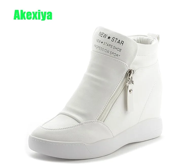 

Akexiya Women Leather Casual Shoes Woman High Top Wedges Sneakers Height Increasing Platform Boots Ladies White High Heels Shoes