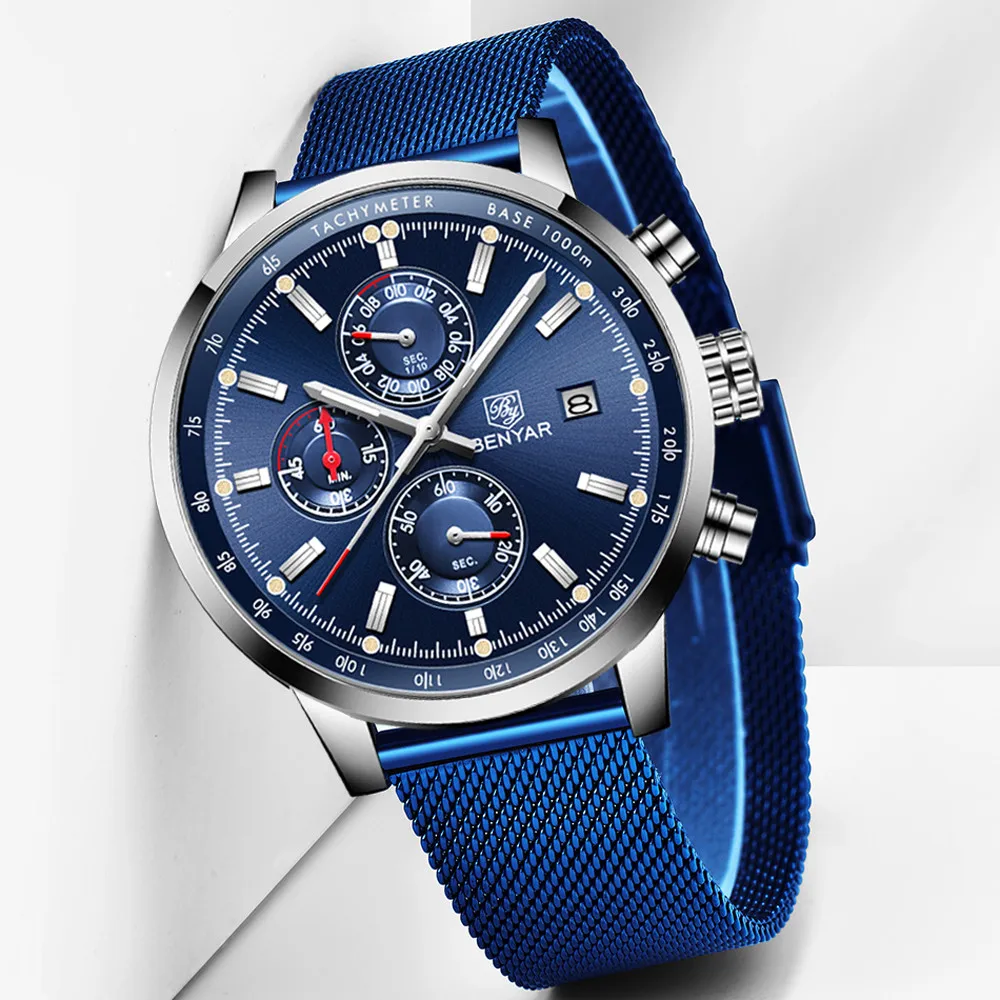BENYAR мужские часы Топ бренд часы для мужчин Роскошные наручные часы для мужчин s Кварцевый Хронограф военные часы Relogio Masculino