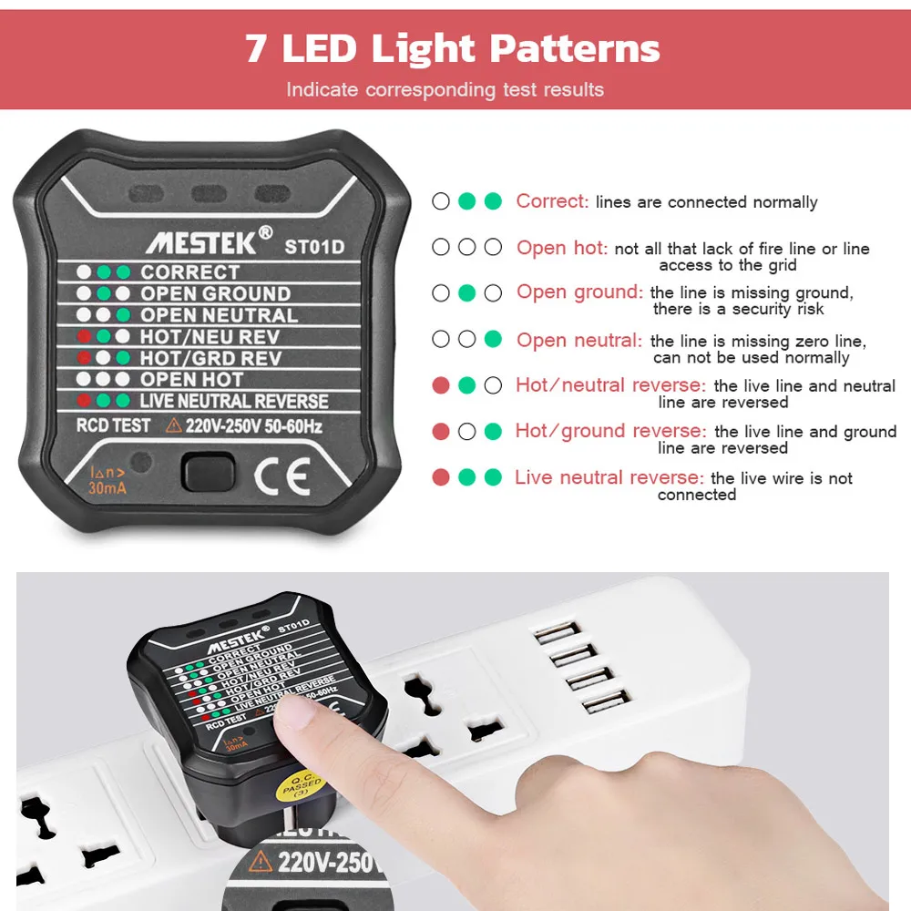 

MESTEK ST01D RCD / GFCI Socket Outlet Tester Circuit Polarity Voltage Detector Wall Plug Breaker Finder Test 220V - 250V EU Plug