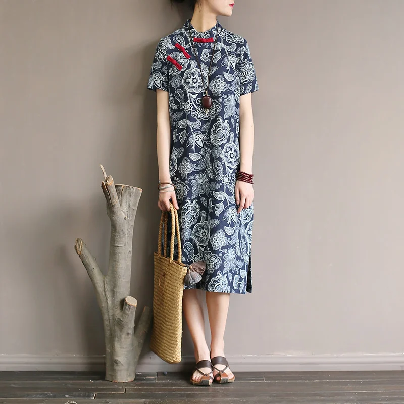 

Chinese style Print Women Knee length Dress Vintage Cotton and Linen Casual Summer Dress Women Brand Qipao Dress