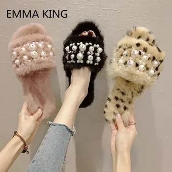 

2019 Runway Pearls Women Comfortable Fur Slipper Open Toe Ladies Summer Beach Shoes Slip On Street Style Female Sandals Slipper