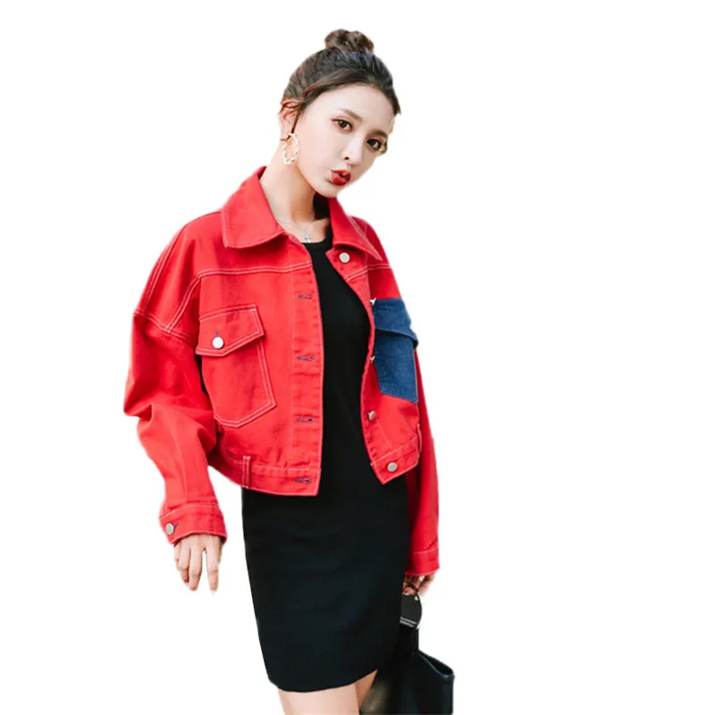 

Denim Jacket Women 2019 Autumn New Loose Single-Breasted Short Jacket Spring Ladies Fashion Red Denim Coat Handsome Coats JIA05