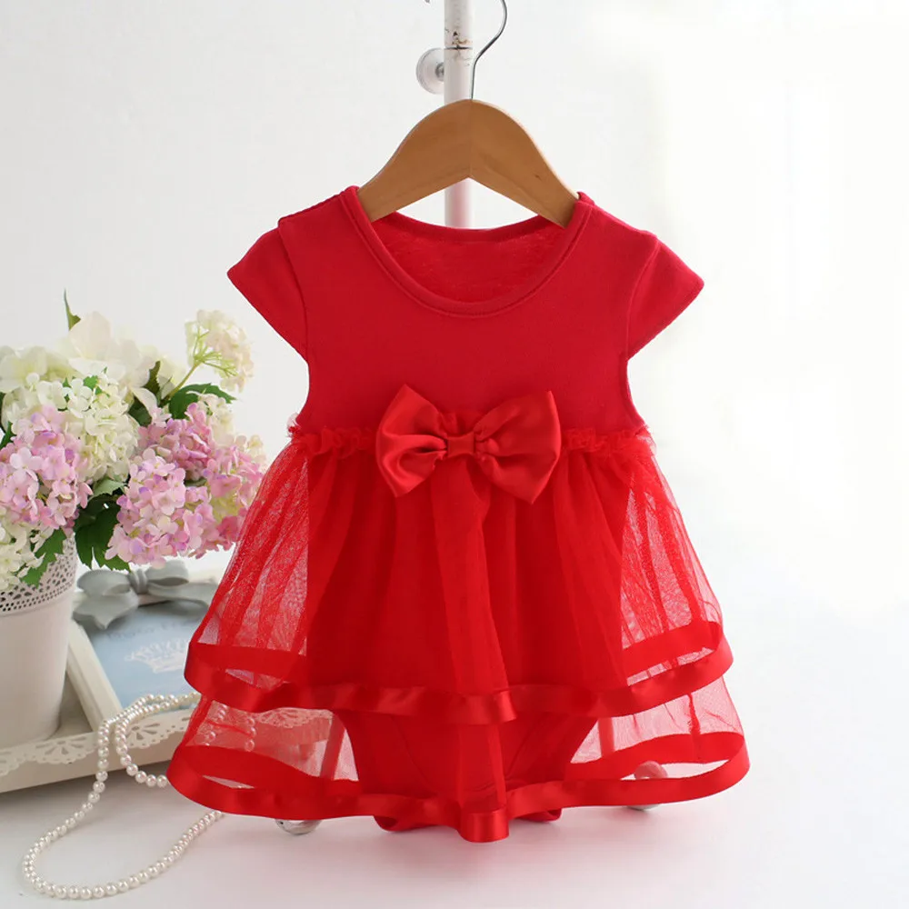 

Toddler Kids Dresses Girls Cotton Casual Jumpsuit Tops Short Sleeves Bowknot Birthday Tutu Clothes Party Princess Solid Dress