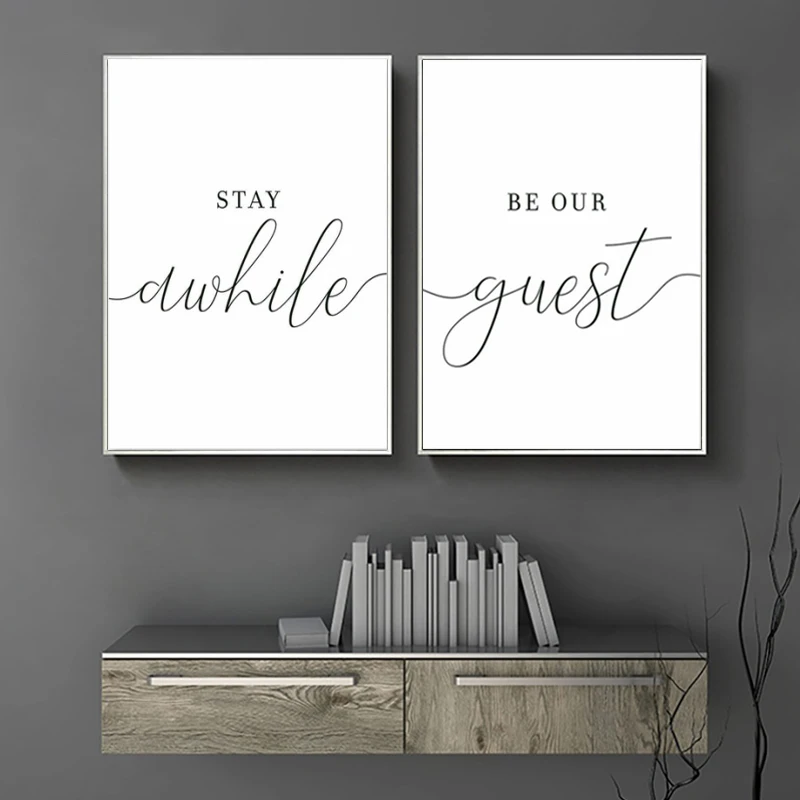 

Scandinavian Style Black and White Wall Art Canvas Painting Be Our Guest Stay Awhile Poster Pictures Living Room Decoration