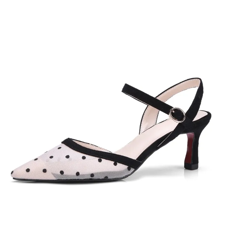 2018 Summer Elegant Lace Mesh Sandals Polka Dot Pointed Toe Gladiator Shoes Woman High Heels Big Size 34-43 Strap Footwear Woman (7)
