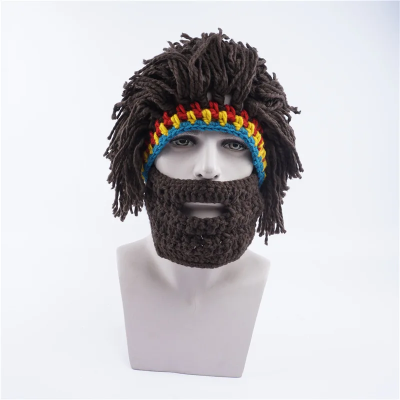 Wig Beard Hat  Caveman Bandana Handmade Crocheted Winter Men's Halloween Costume Funny Birthday Gifts