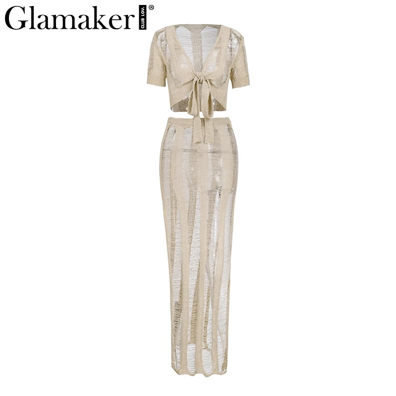 Женское пляжное платье двойка Glamaker длинное прозрачное Открытое с бантом и