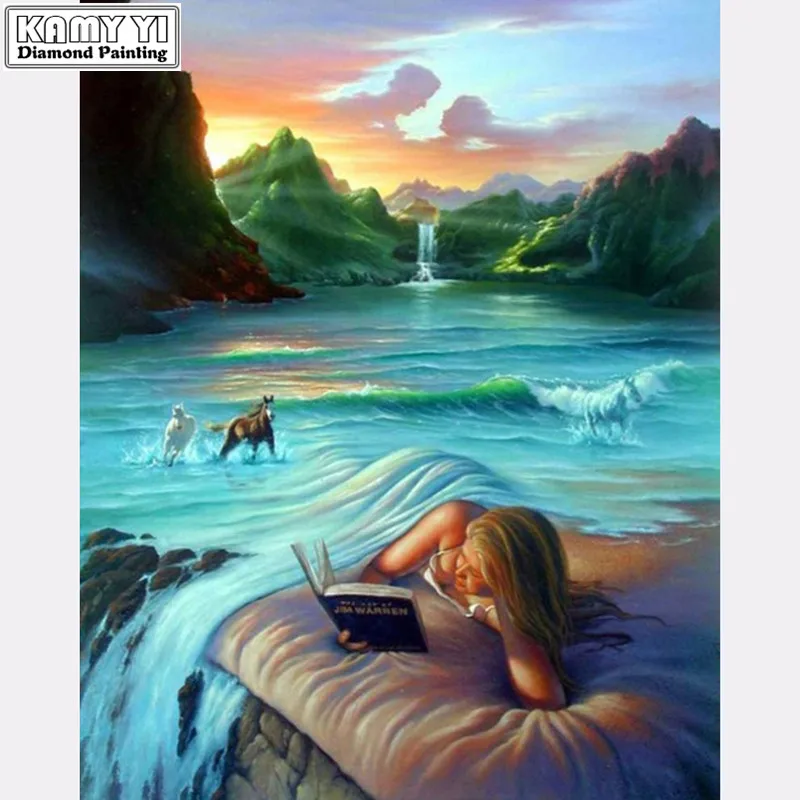 

Full Diamond 5D DIY Diamond Painting River girl Embroidery Cross Stitch Rhinestone Mosaic Painting Decor