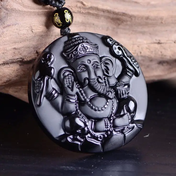

Obsidian four-arm spirit elephant pendant; the Indian god of treasure and treasure necklace Fashion woman&man Amulet Jewelry