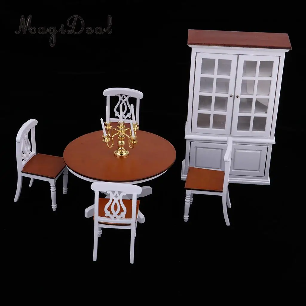 European Style 1/12 Wooden Table Chair Wine Cabinet Furniture for Dolls House Dining Room Decor Accessories
