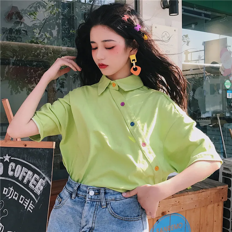 

harajuku Loose Vintage solid All Match t shirt 90s girls korean College Wind short Sleeve Turn Down Collar Women Basic T-shirts