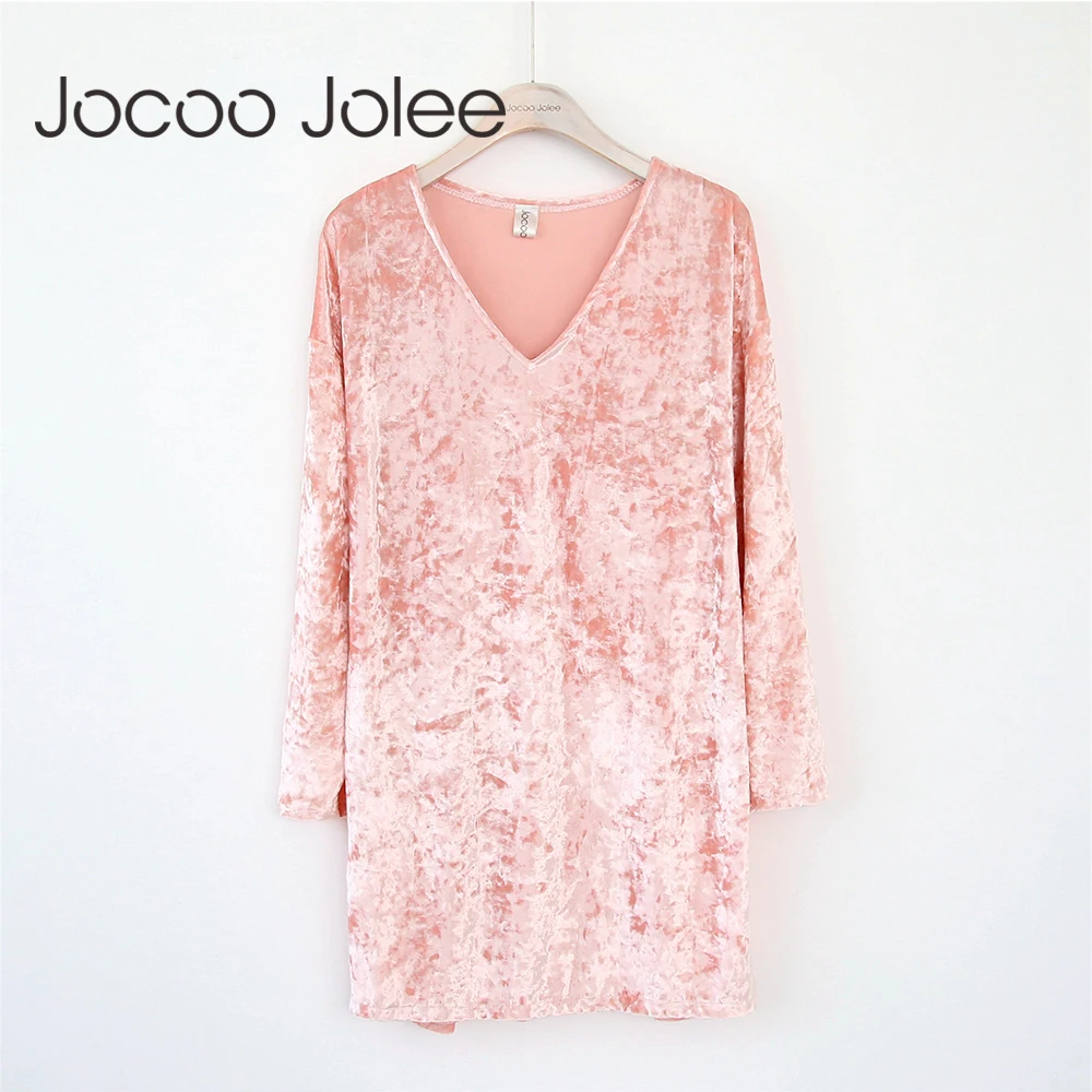 

Jocoo Jolee Loose Women Velvet Dress V-Neck Sexy Straight Dress Pink Solid Design Knee-Length Winter Dress Ladies Party Dresses