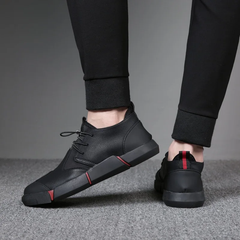 

NEW Brand High Quality All Black Men's Leather Casual Shoes Fashion Breathable Sneakers Fashion Flats