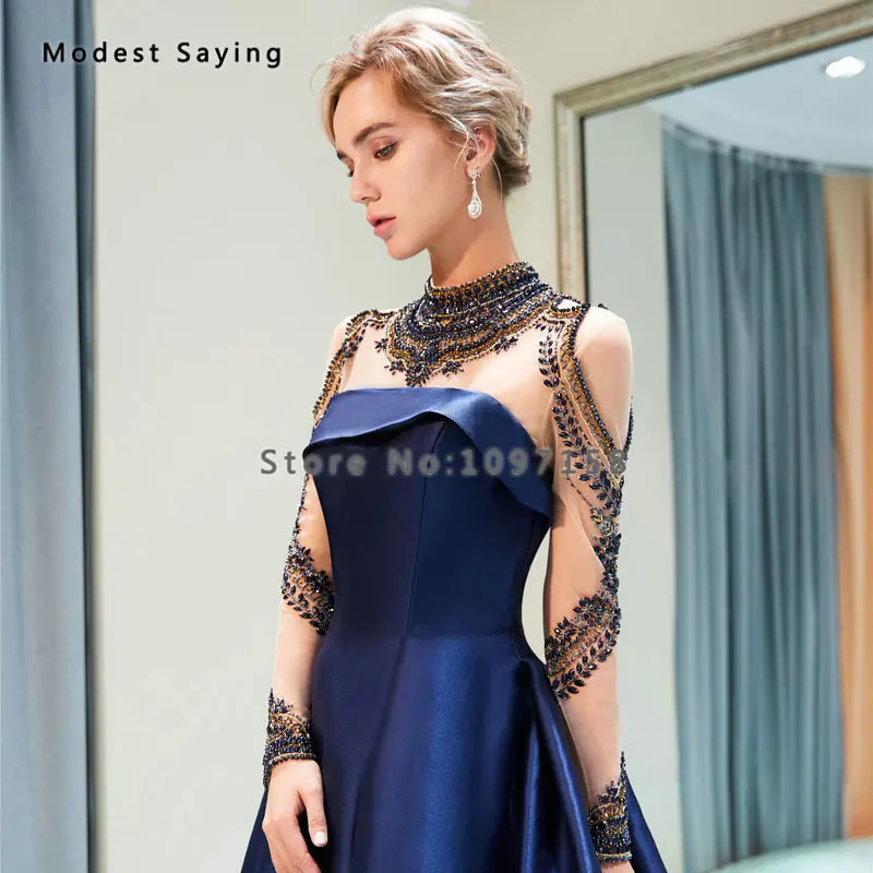 Новое поступление принцесса синий высоким воротником одежда с длинным рукавом Вечерние платья со стразами 2019 Осень Длинные Формальные Для