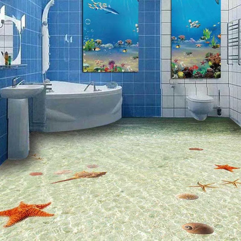 

3D Non-slip Floor wall paper PVC Bathroom Flooring Wall Paper World Ocean starfish Floor Tile Murals Photo Wallpaper for Walls