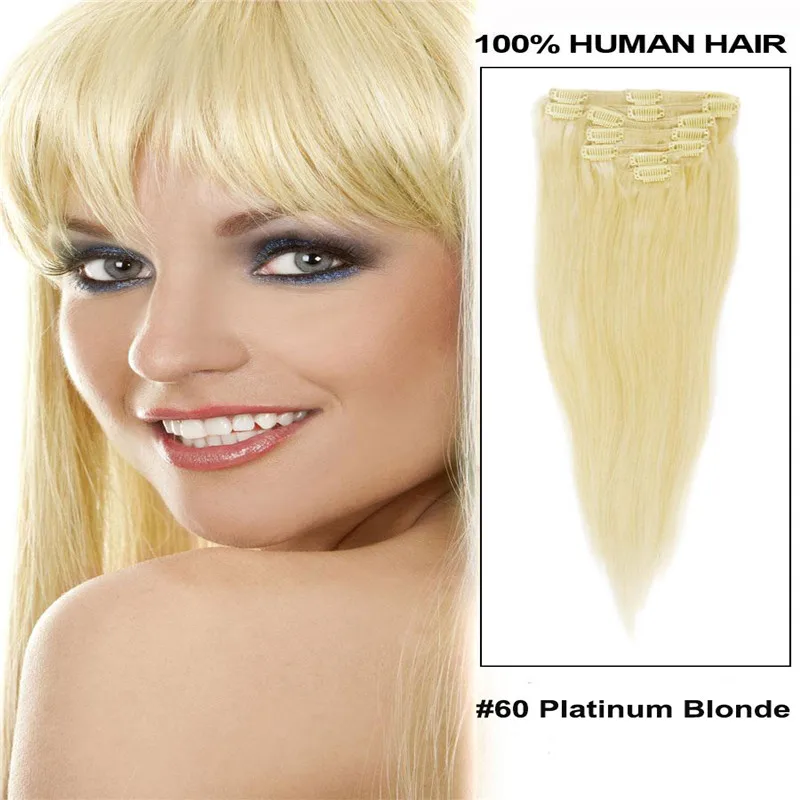 Full Head Remy Clip In Human Hair Extensions 60 Platinum blonde 70g