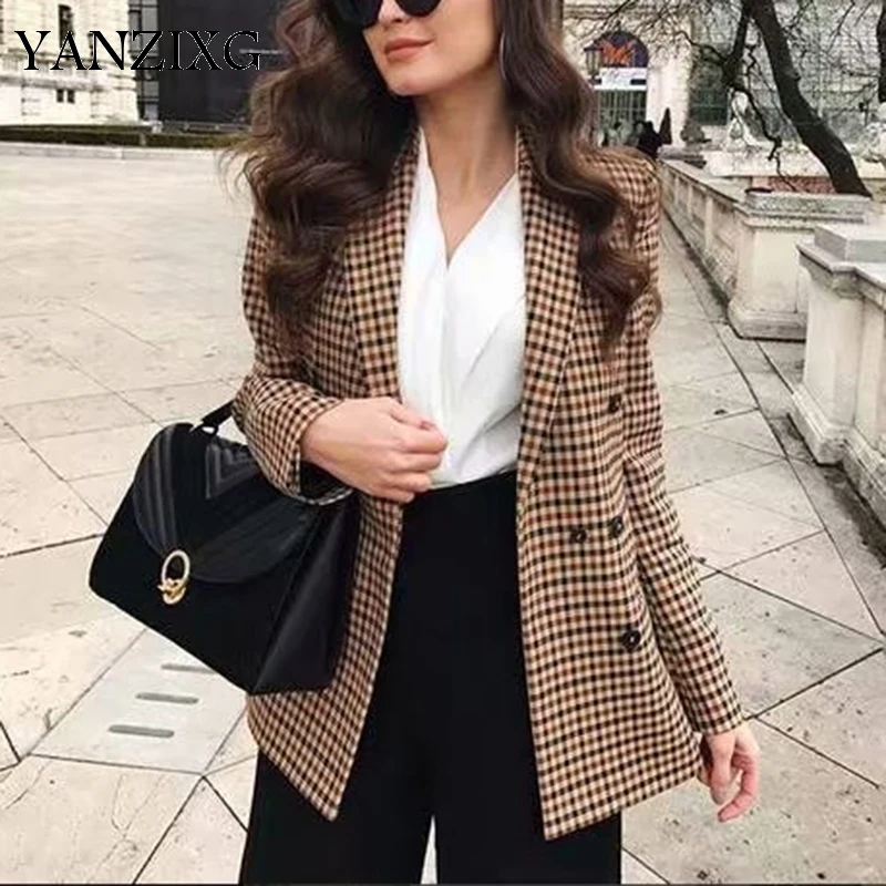 

Women Fashion Double Breasted Plaid Blazer Long Sleeve Slim Ol Blazer 2019 Casual Autumn Jacket Blazer Female A985