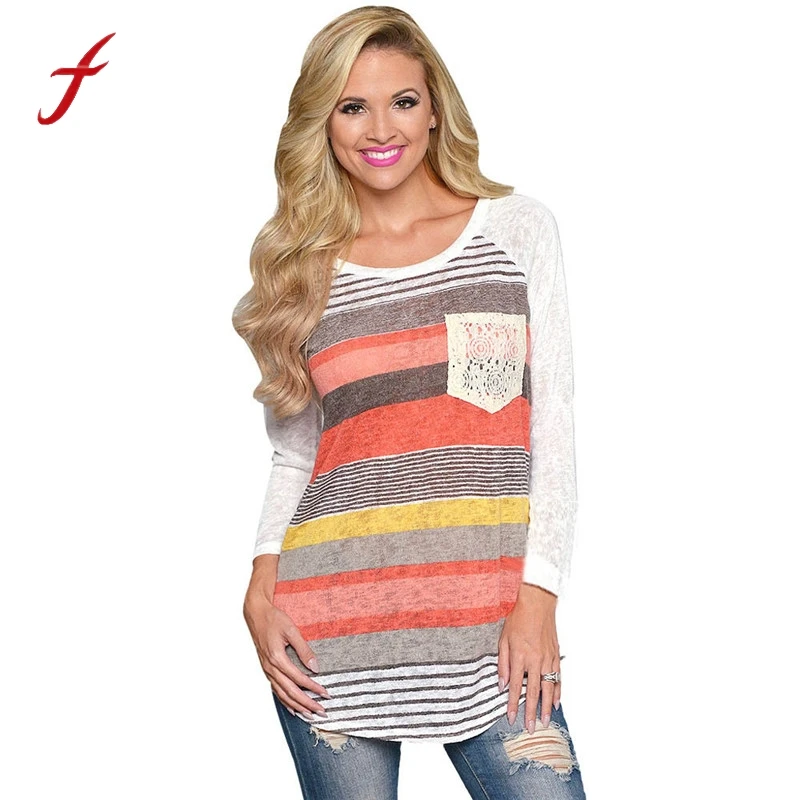 

Womens Blusas 2017 New Tops Stripes Lace Pocket O-neck Shirt Tops Body Blouses Girl Fashion Loose Long Sleeve Clothes For Women