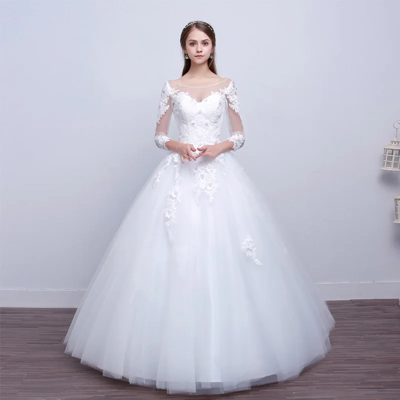 

2019 Three Quarters White Ball Gown wedding dresses Lace Appliques Women Plus Size for Wedding Bridal Gowns Wedding Gown G052