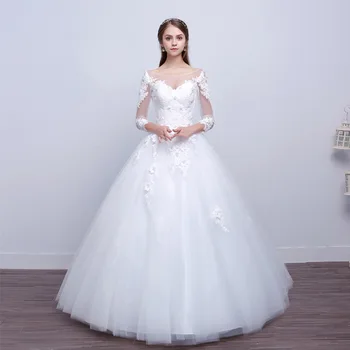 

2019 Three Quarters White Ball Gown wedding dresses Lace Appliques Women Plus Size for Wedding Bridal Gowns Wedding Gown G052