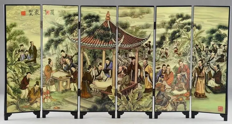 

Asian Lacquer Ware Old Lanting Juxian Painting Hand Superb Immortal Screen Lucky