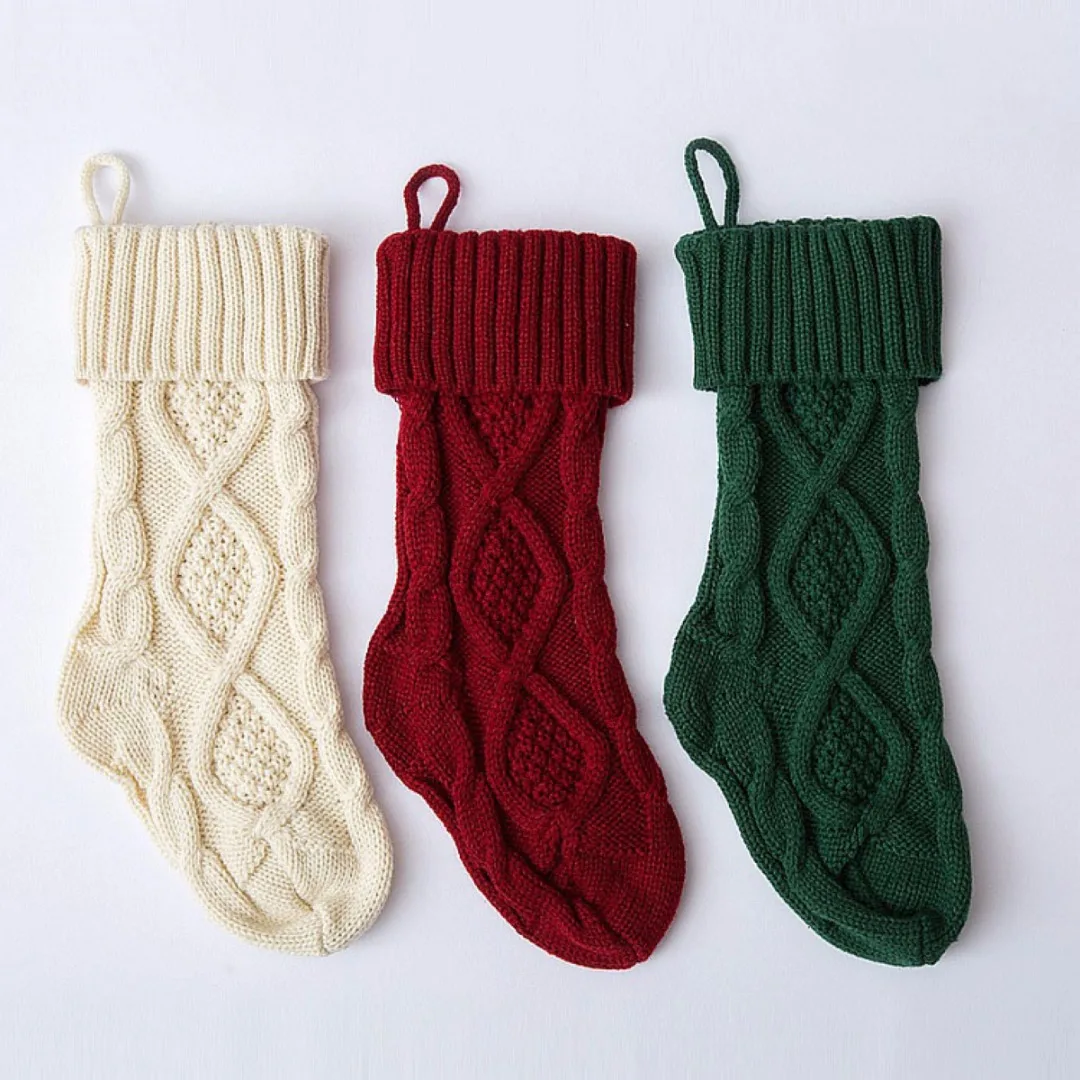 Newest Christmas Knitted Stocking Hanging Crochet Stock Xmas Tree Ornament Decor Gift 3 Colors