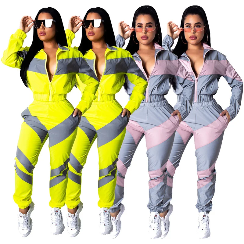 

Fashion Casual Long Sleeve fitness jumpsuits Fluorescent color patchwork female zipper Slim Sport Overalls Pencil Pants Playsuit