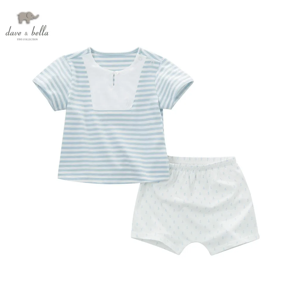 Dave bella/летние комплекты одежды для маленьких мальчиков Комплекты бело-голубые полосы комплекты для детей Одежда для младенцев комплекты для детей костюмы для малышей DB5110