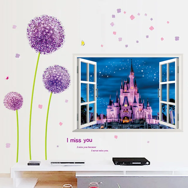 window view princess castle star 3d wall stickers kids room living