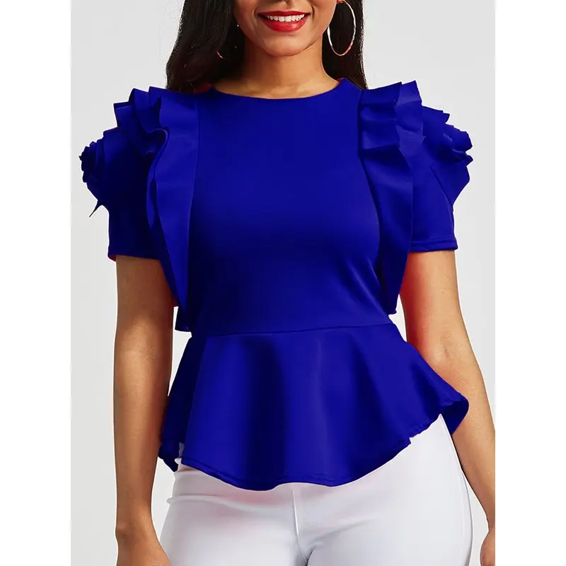 Африканский Для женщин Офисные женские туфли работы улица летом ниспадающей оборкой Тонкий Блузки Рубашки Топы Ретро Королевский синий блузка рубашка Топ - Цвет: Синий